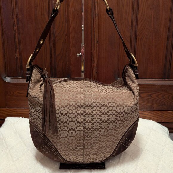 Vintage Coach 2158 Brown Signature Logo Suede Leather Hobo Shoulder - Picture 2 of 16